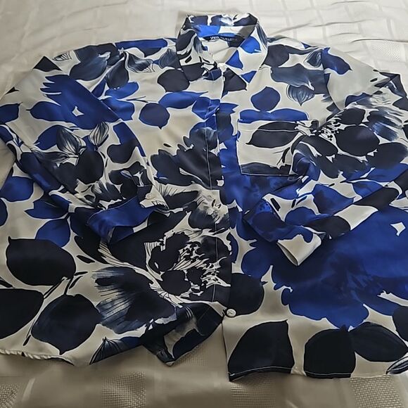 Zara Floral Button-Down Long Sleeves Shirt Large Royal Blue & White - Picture 15 of 16